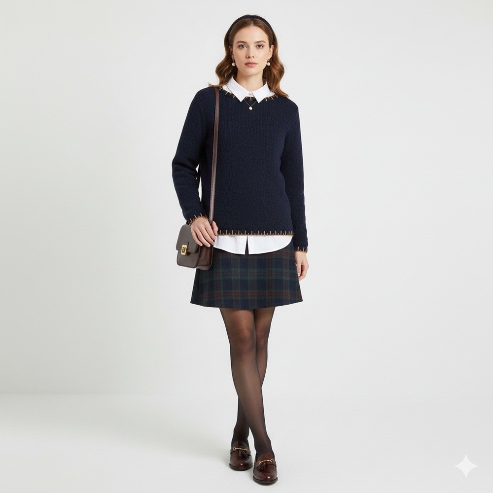 Pure Jill Women's Large Navy Blue Knit Sweater Whipstitch Trim Cotton Blend‎